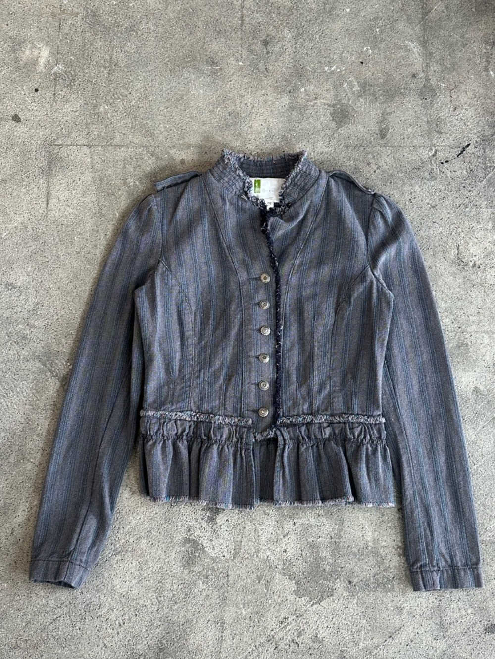 Gray Striped Ruffled Hem Women's Blazer Jacket